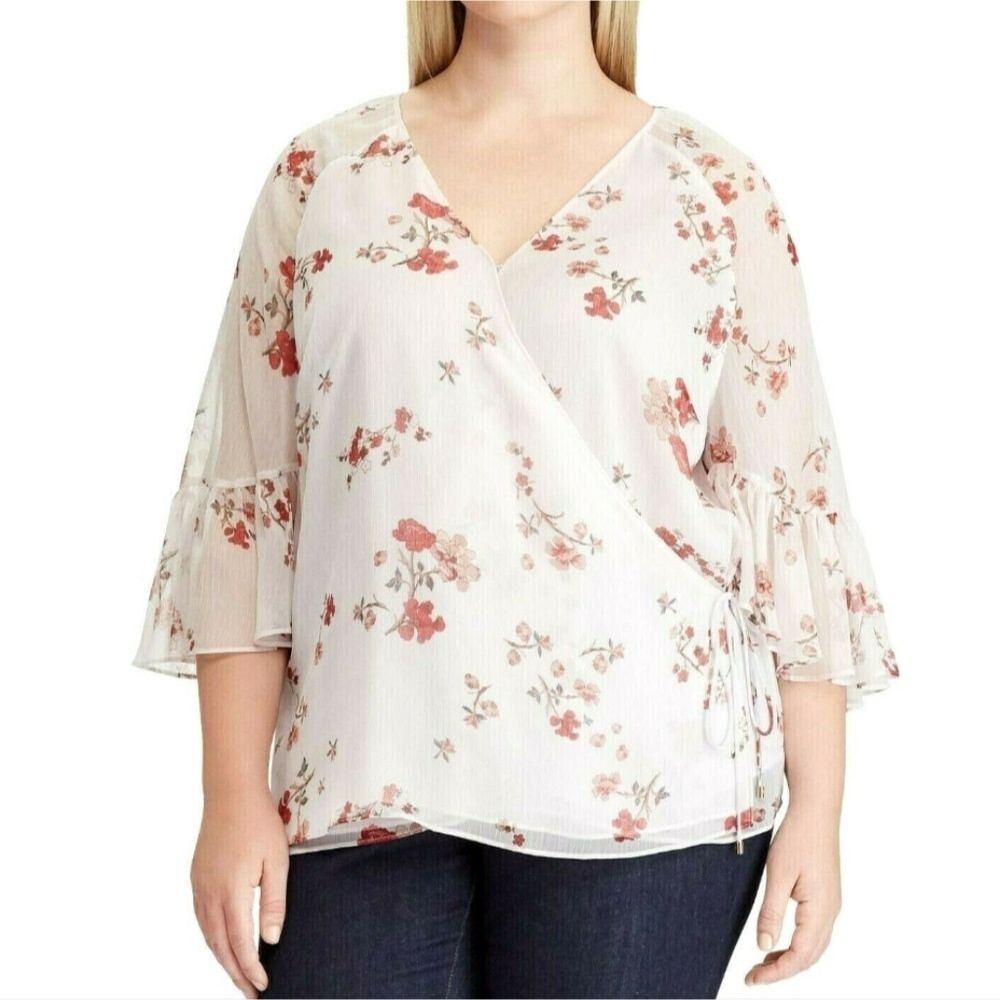 Lauren Ralph Lauren Floral Chiffon Wrap Top Women's 1X Ruffle Bell Sleeves Sheer - Picture 1 of 13